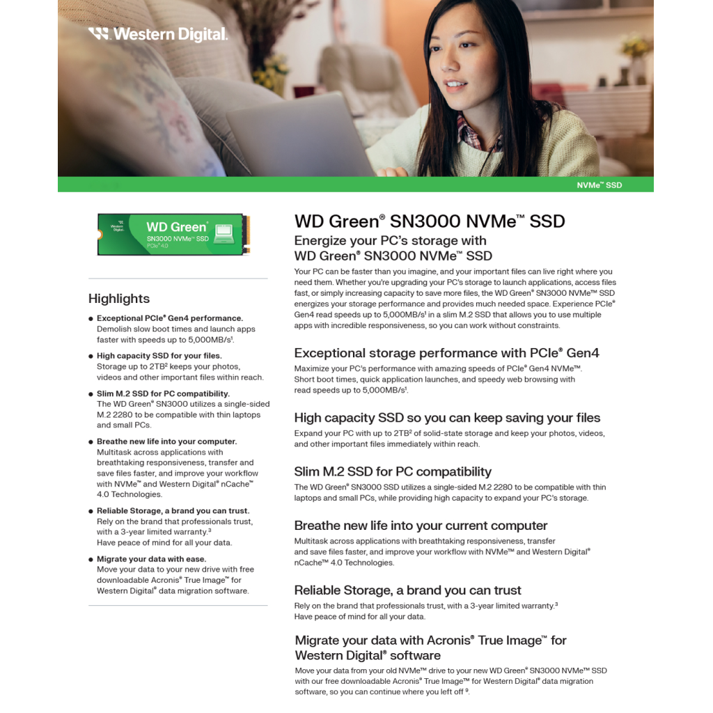 WD Green SN3000, WDS100T4G0E, 1TB, 5000/4200, Gen4, NVMe PCIe M.2 2280, SSD - Western Digital - görsel 4