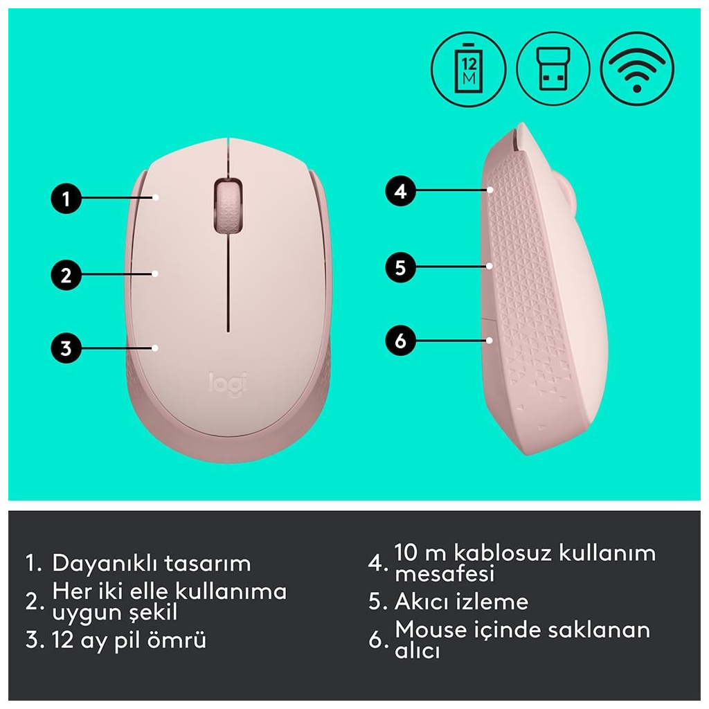 LOGITECH 910-006865, M171 Rose, USB Nano 2,4G Kablosuz, 1000dpi, Optik, 3 Tuşlu, 12ay Pil Ömrü, Mouse - Logitech - görsel 5