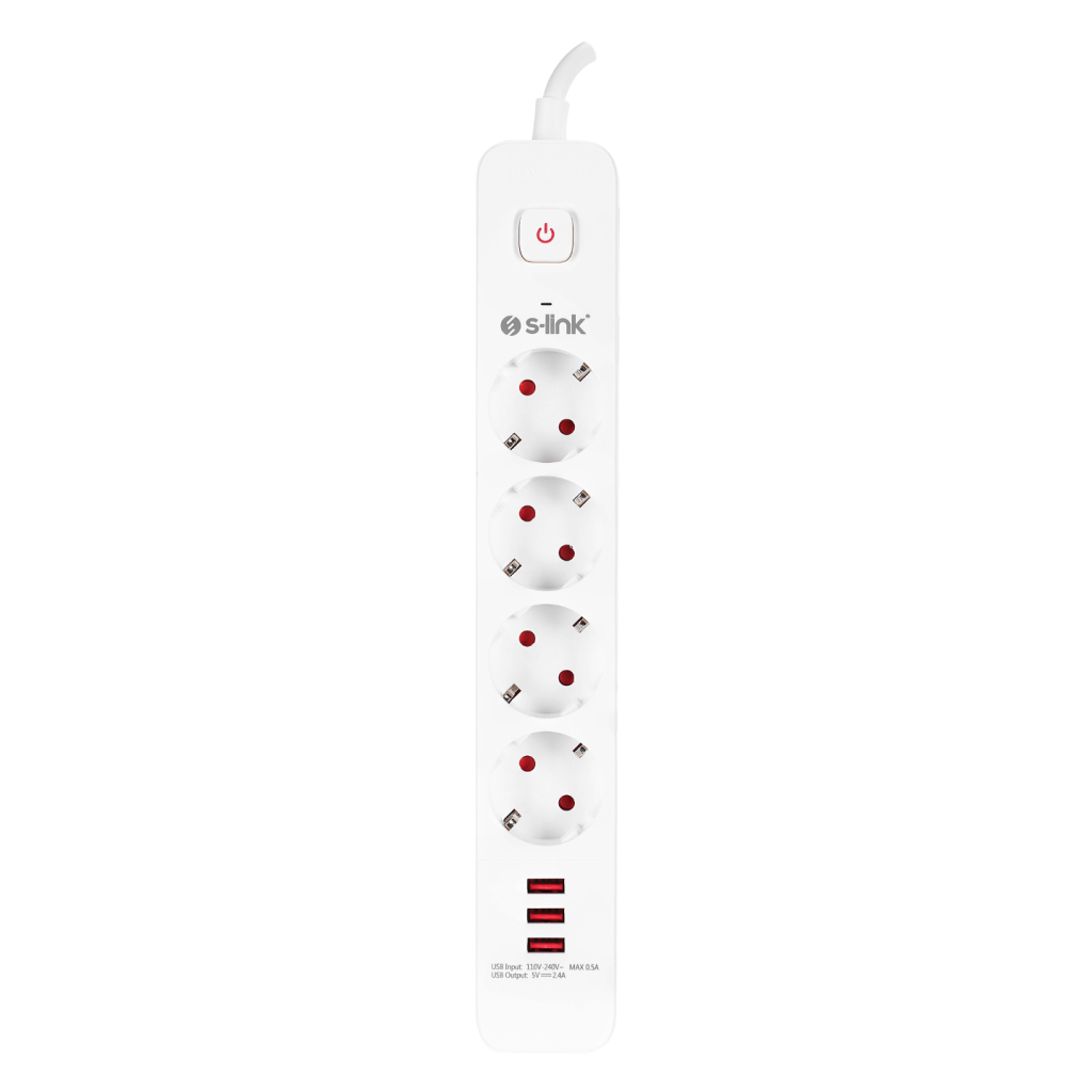 S-LINK SPG403U, 4 Soket, Akım Korumalı Priz, 3xUSB 5V 2.4A, 1.5Mt %100 Bakır 1.5mm Kablo, 750 Joule (Beyaz) - S-Link
