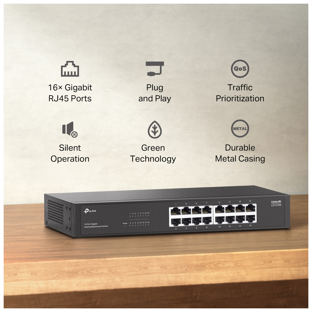 TP-LINK LS1016G, Green Tech, 16 Port GigaBit, Yönetilemez, Metal Kasa, Masaüstü Switch - Tp-Link - görsel 3