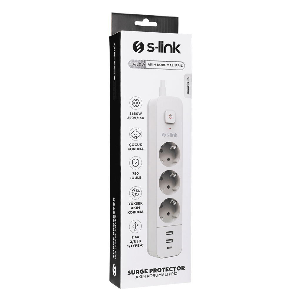 S-LINK SPG03TC, 3 Soket, Akım Korumalı Priz, 1x Type-C, 2xUSB 5V 4A, 1.5Mt %100 Bakır 1mm Kablo, 750 Joule (Beyaz) - S-Link - görsel 4