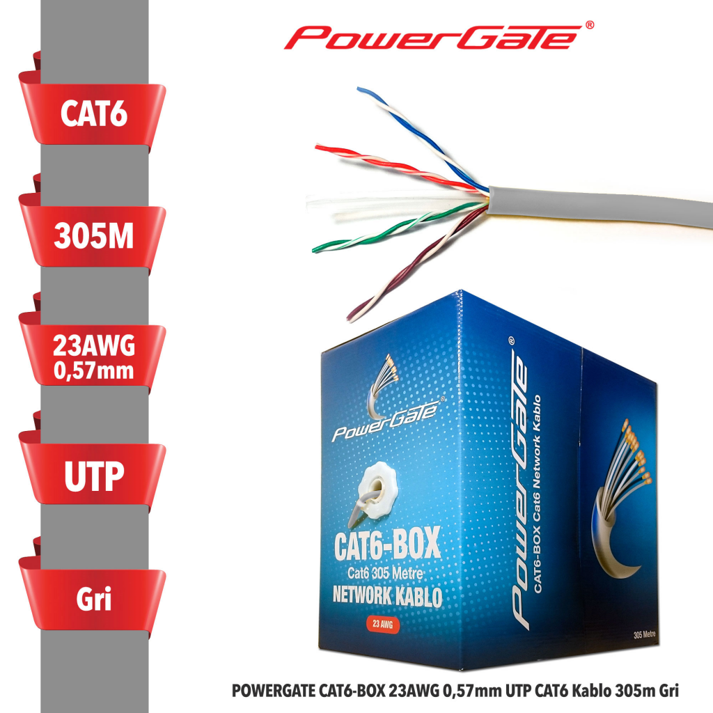 POWERGATE CAT6-BOX-GY, 23AWG 0,57mm, UTP, CAT6 Kablo, 305m, Gri - PowerGate