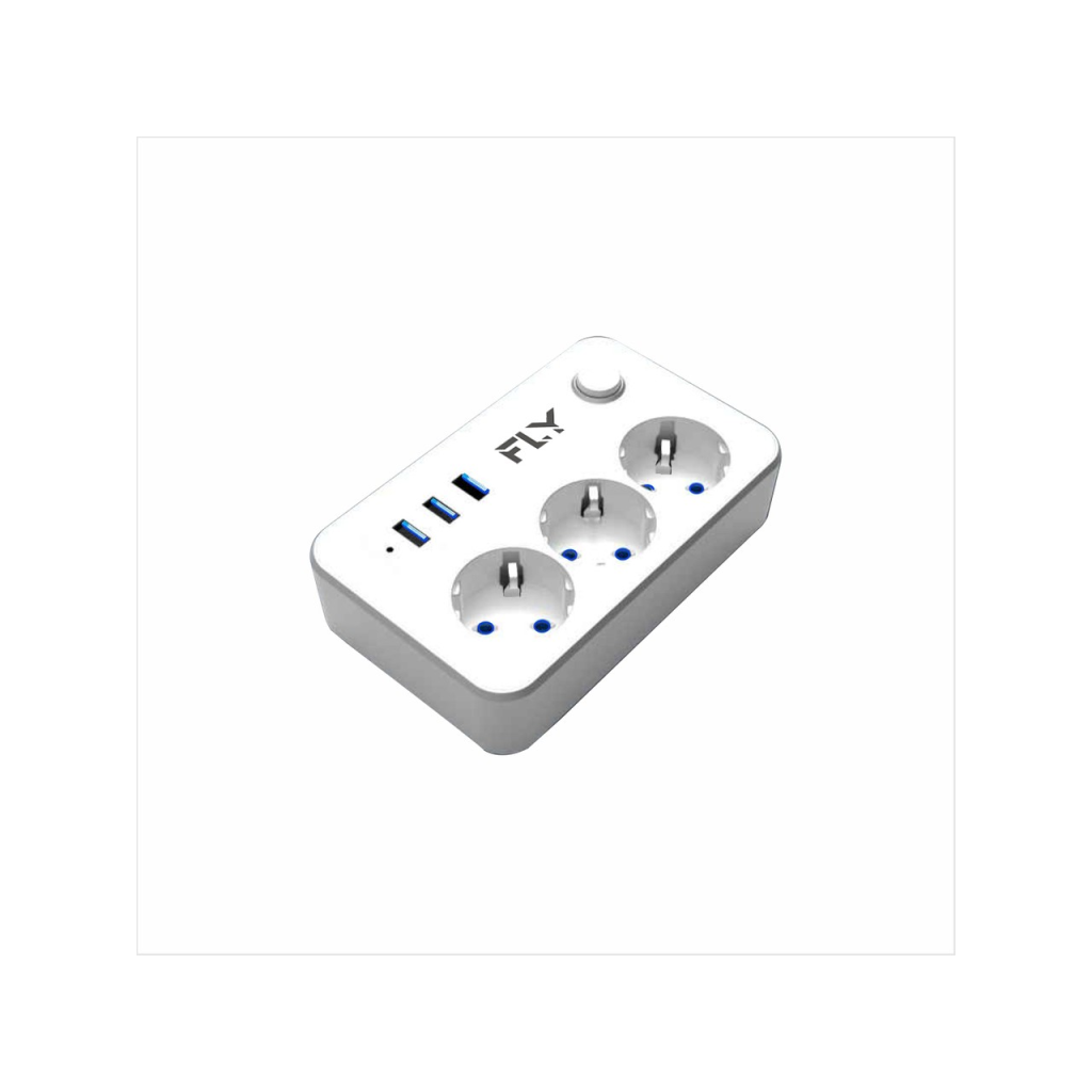 FLY 3406-01, 3 Soket, 3 USB, Akım Korumalı Priz, 2.1A, Anahtarlı, 2Mt Kablo, (Beyaz) - FLY - görsel 2
