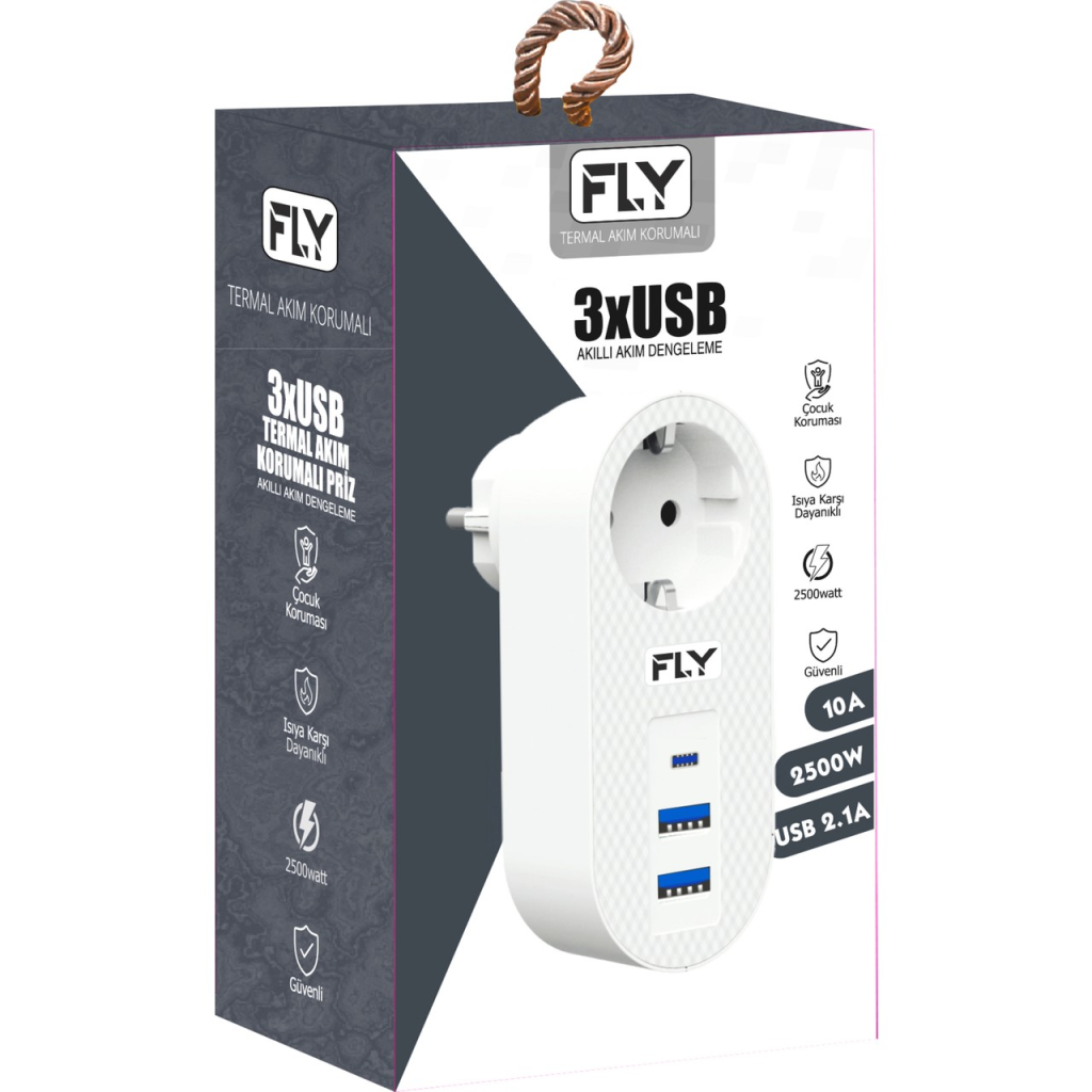 FLY 3400-01, 1 Soket, 2 USB, 1 Type-C, Akım Korumalı Priz, 2.1A, (Beyaz) - FLY