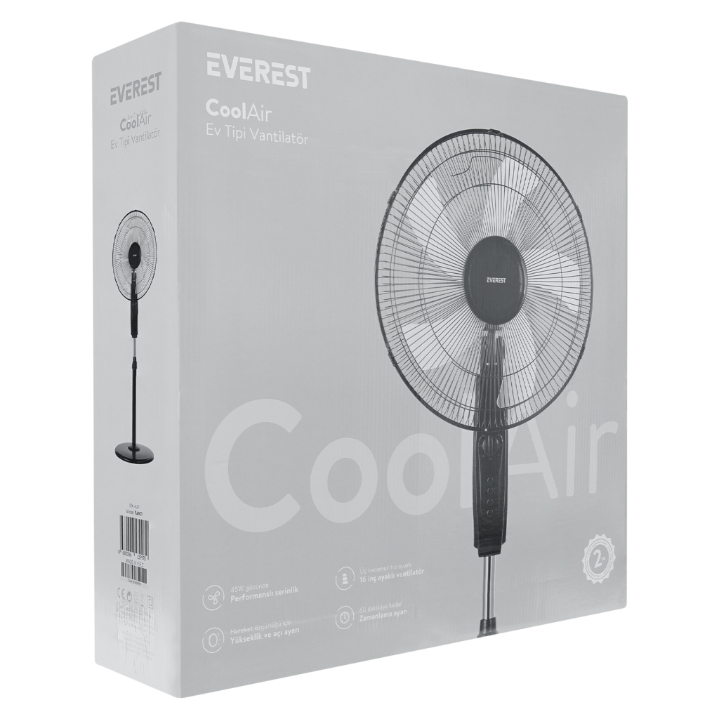 EVEREST FAN11, SİYAH, CoolAir, 3 Kademeli Hız, 16" Kanat, 45W, Otomatik Salınım, Yükseklik Ayarlı, AC220, Vantilatör - Everest - görsel 5