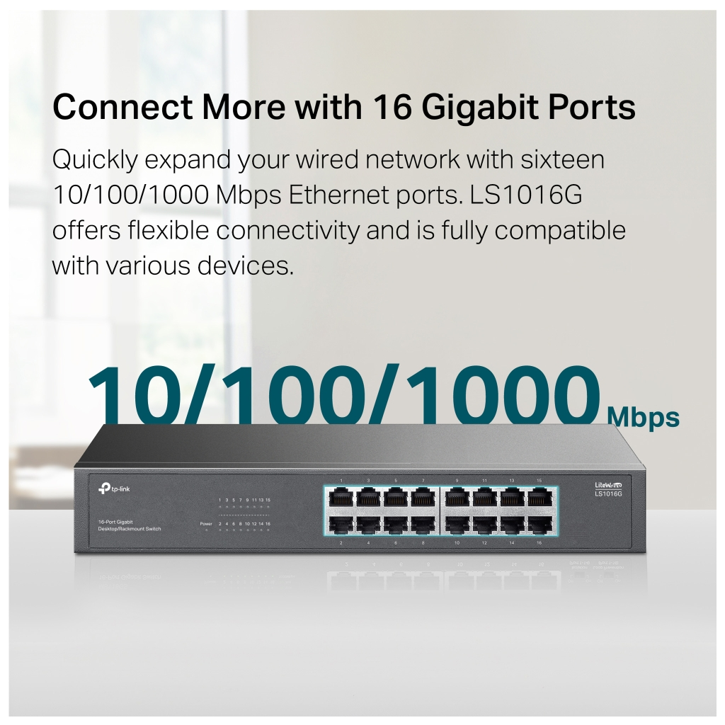 TP-LINK LS1016G, Green Tech, 16 Port GigaBit, Yönetilemez, Metal Kasa, Masaüstü Switch - Tp-Link - görsel 4