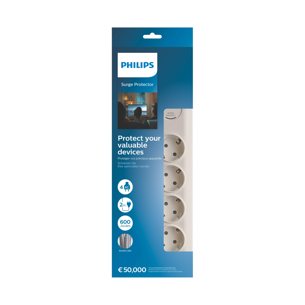 PHILIPS SPN7040WA/62, 4 Soket, Akım Korumalı Priz, 600 Joules, 2Mt Örgülü Kablo, (Beyaz) - Philips - görsel 2