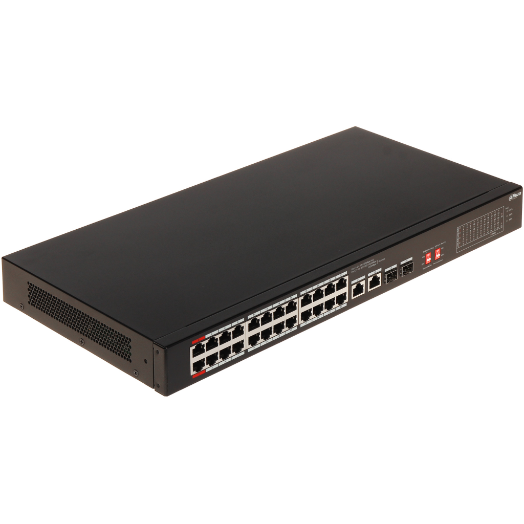 DAHUA S3226-24ET-240, 24 Port, MegaBit, PoE 240W, 2 Port GigaBit Uplink, 2 Port Gigabit Combo SFP, Longe Range 250Mt, Yönetilemez, Rack Mount Switch - Dahua
