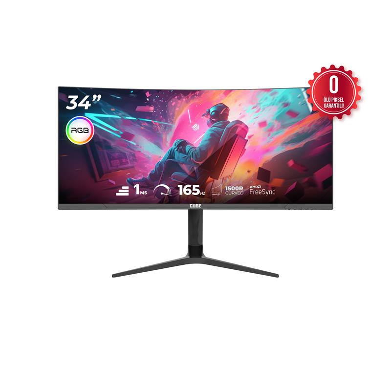 34 CUBE PA-34V165C VA 1MS 165HZ HDMI DP TYPE-C USB 2K WQHD 3440X1440 FREESYNC CURVED YUKSEKLIK AYARI VESA RGB SIYAH GAMI - Cube