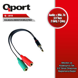 QPORT (Q-A15)  AUDIO + MIC TO 3.5MM 15CM KULAKLIK CEVIRICI - QPORT