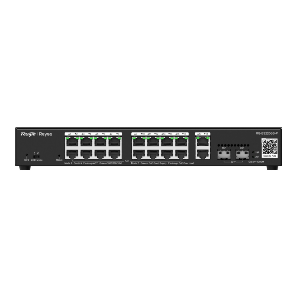 RUIJIE REYEE RG-ES220GS-P 20Port, 16 Port Gigabit PoE, 250W, 2 Port Gİgabit Uplink, 2 Port SFP,  Colud Yönetilebilir Switch  Metal Kasa - RUIJIE