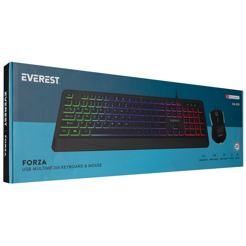 EVEREST KM-R59, FORZA, USB Kablolu, Türkçe Q, Rainbow Backlight, Memran Tuşlar, Gaming, Klavye Mouse Set - Everest - görsel 5
