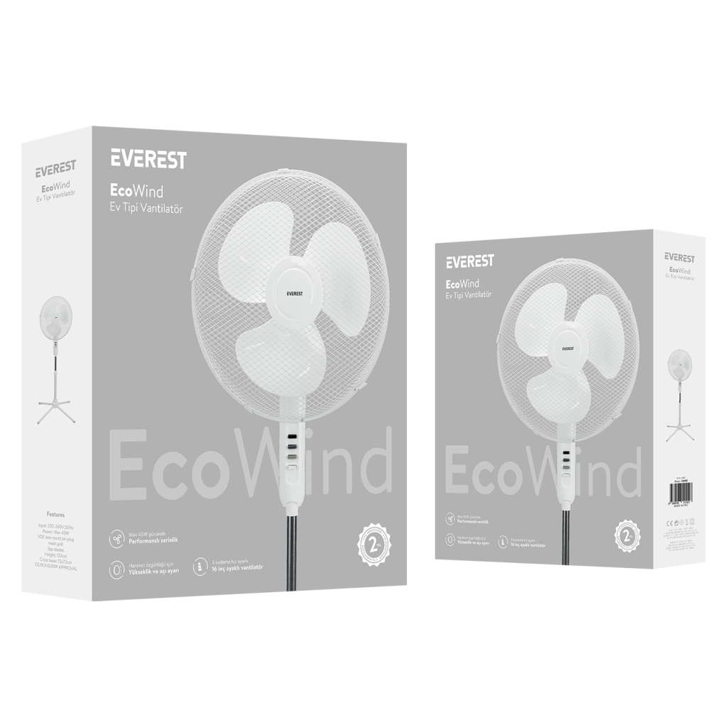 EVEREST FAN10, BEYAZ, EcoWind, 3 Kademeli Hız, 16" Kanat, 45W, Otomatik Salınım, Yükseklik Ayarlı, AC220, Vantilatör - Everest - görsel 5