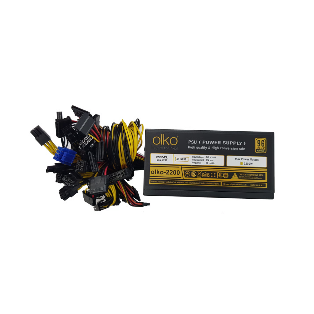OLKO 2200, 2200W, 14cm Fan, 16xPCI-E 6+2Pin, 1x20+4Pin, 8xSata, ATX, Power Supply (PSU) - Olko