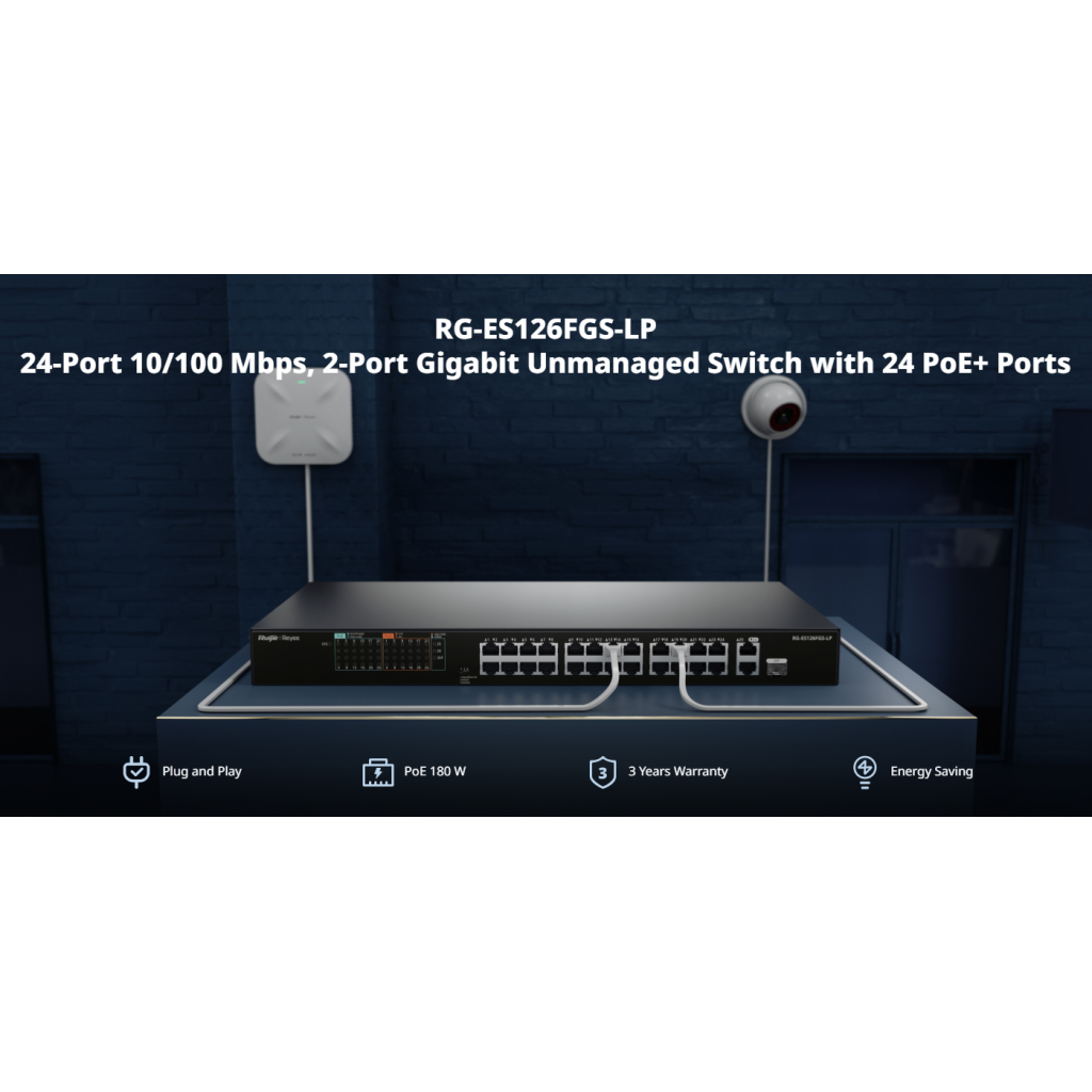 RUIJIE REYEE RG-ES126FGS-LP  26 Port, 24 Port  Megabit PoE, 180W, 2 Port Gigabit Uplink, 1 Port Gigabit COMBO,  Switch  Metal Kasa - RUIJIE