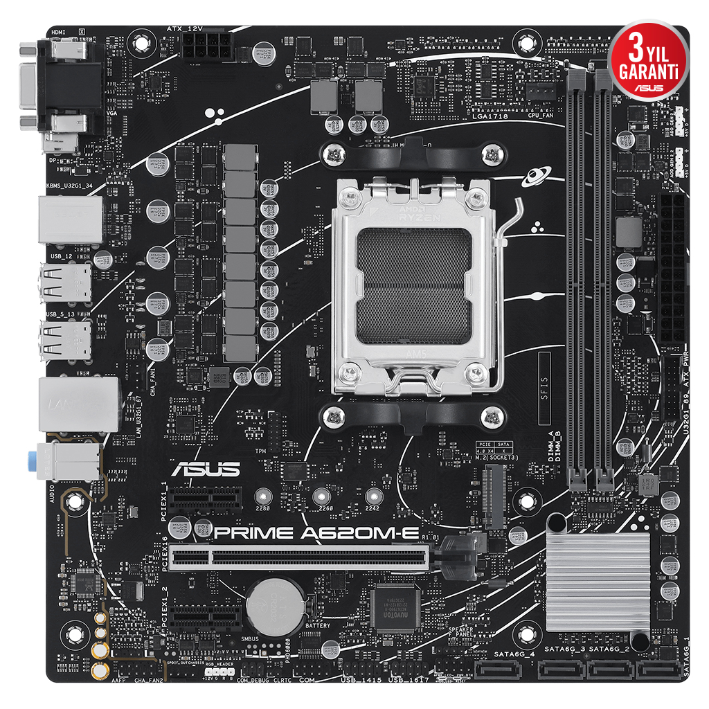ASUS PRIME A620M-E-CSM, 2xDDR5, 1x M.2, D-SUB, DP, HDMI, AM5 Soket Anakart - Asus - görsel 2