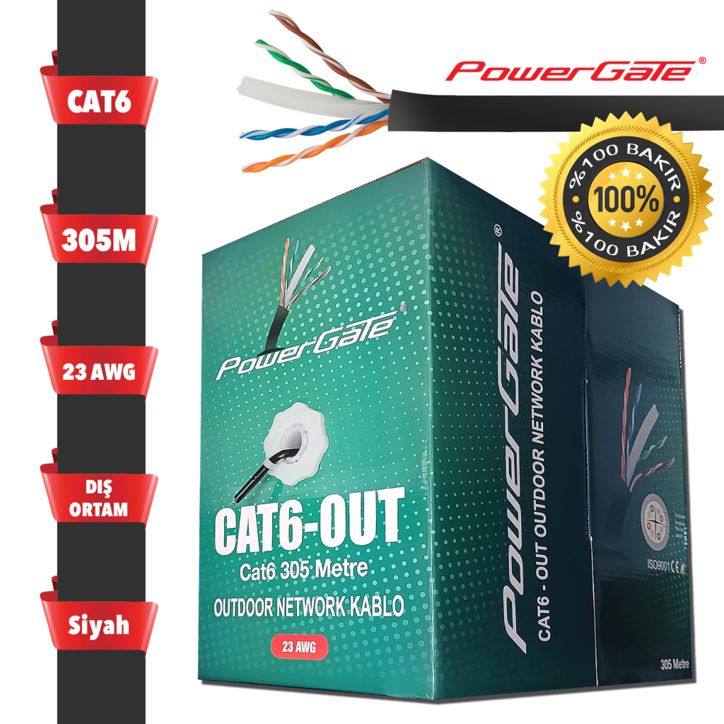 POWERGATE CAT6-OUT-COPPER, Outdoor (Dış Mekan), Polietilen, 23AWG 0.57mm, UTP, CAT6, %100 Bakır Kablo, 305m, Siyah