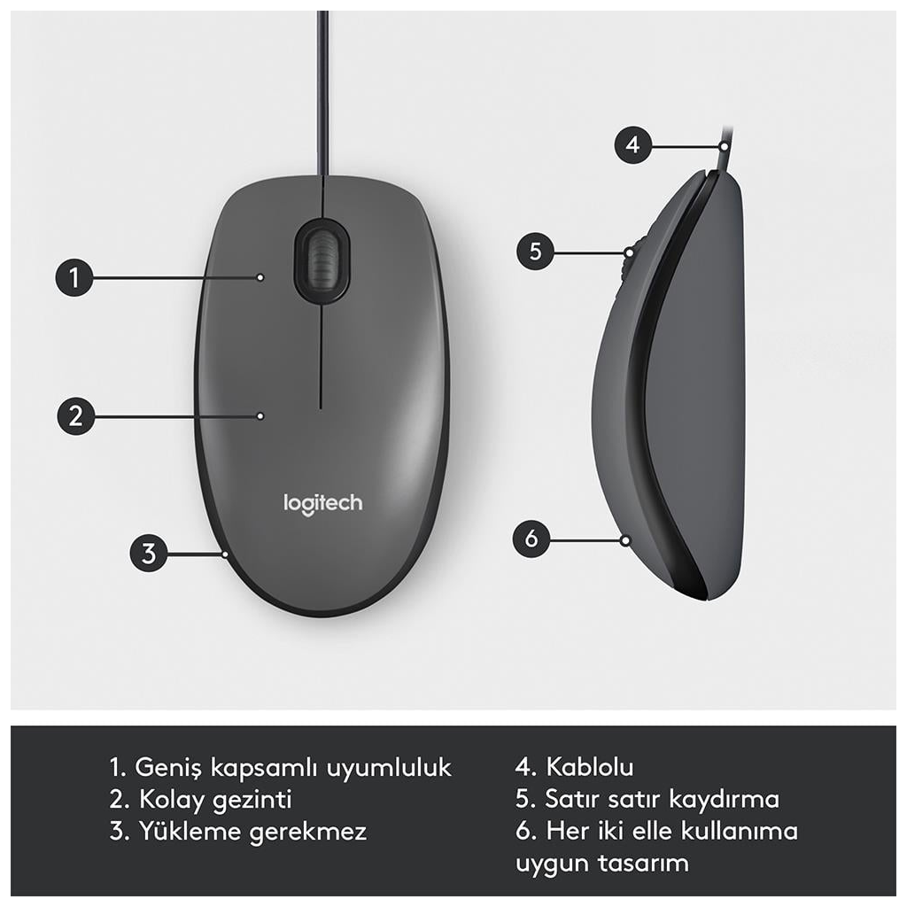 LOGITECH 910-006652, M100 Siyah, USB Kablolu, 1000dpi, Optik, 3 Tuşlu, Mouse - Logitech - görsel 2