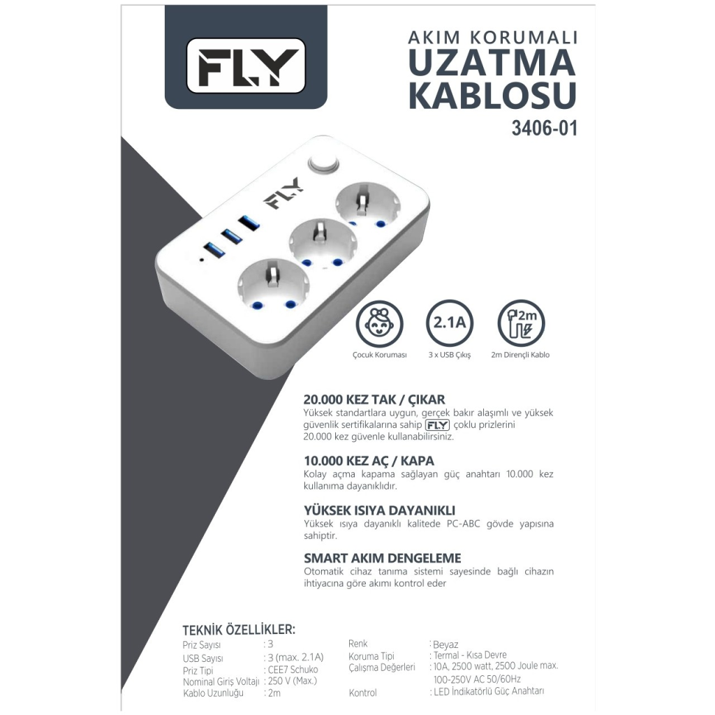 FLY 3406-01, 3 Soket, 3 USB, Akım Korumalı Priz, 2.1A, Anahtarlı, 2Mt Kablo, (Beyaz) - FLY - görsel 3