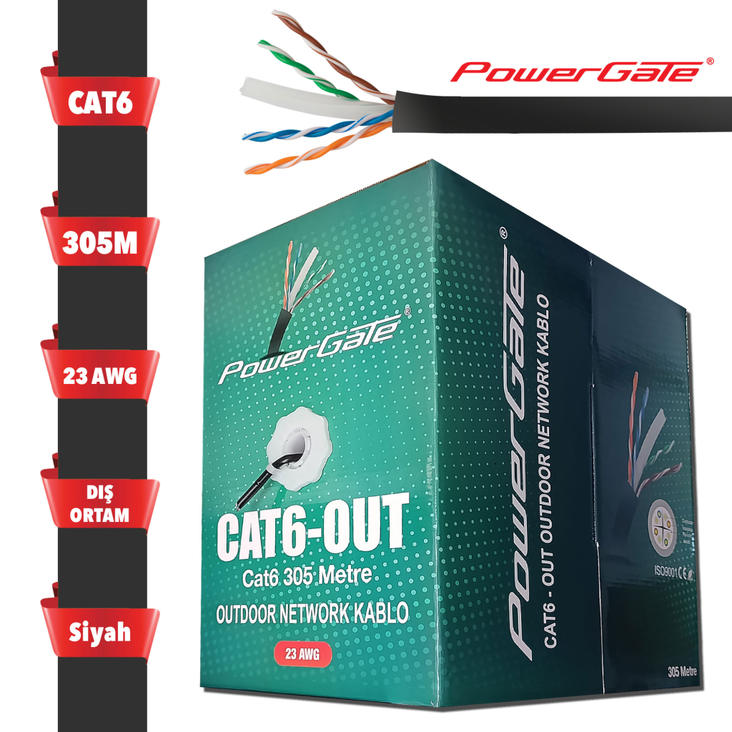 POWERGATE CAT6-OUT-CCA, Outdoor (Dış Mekan), Polietilen, 23AWG 0.57mm, UTP, CAT6, CCA Kablo, 305m, Siyah - PowerGate