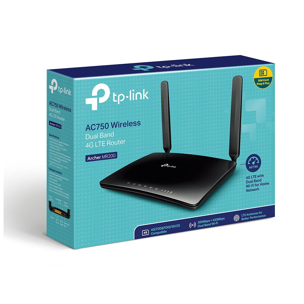 TP-LINK ARCHER MR200, AC750, 4Port, 750Mbps, Dual Band WiFi, Masaüstü, LTE Micro Sim Kart Takılabilir 3G-4G Destekli Router - Tp-Link