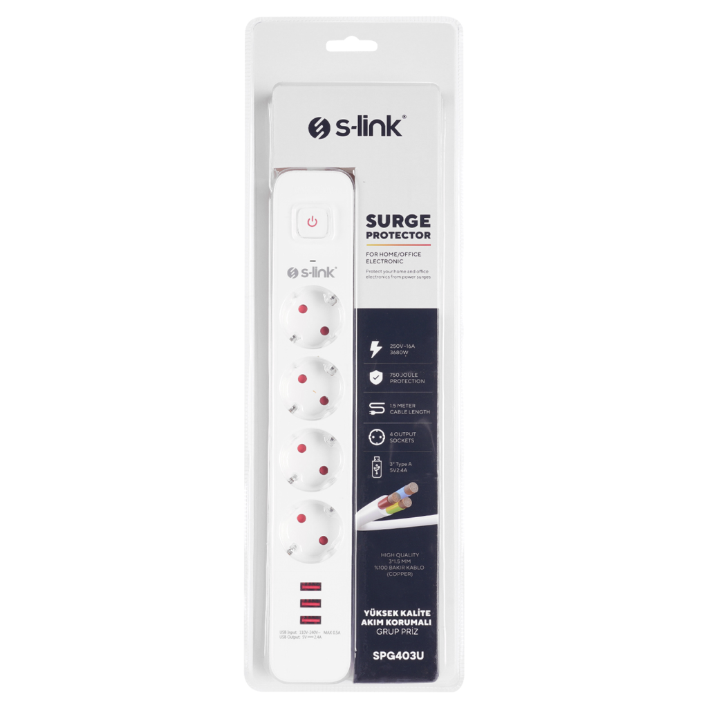 S-LINK SPG403U, 4 Soket, Akım Korumalı Priz, 3xUSB 5V 2.4A, 1.5Mt %100 Bakır 1.5mm Kablo, 750 Joule (Beyaz) - S-Link - görsel 5