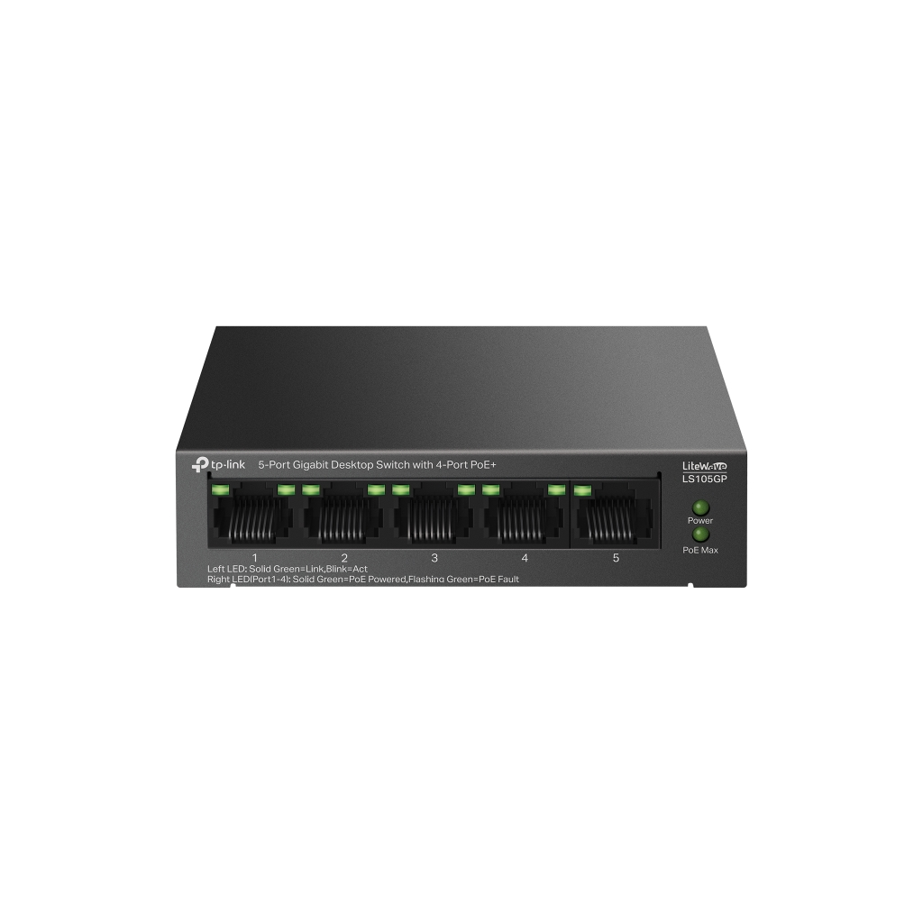TP-LINK LS105GP, Green Tech, 5 Port, GigaBit, 4 Port PoE 65W, Metal Kasa, Yönetilemez, Masaüstü Switch - Tp-Link