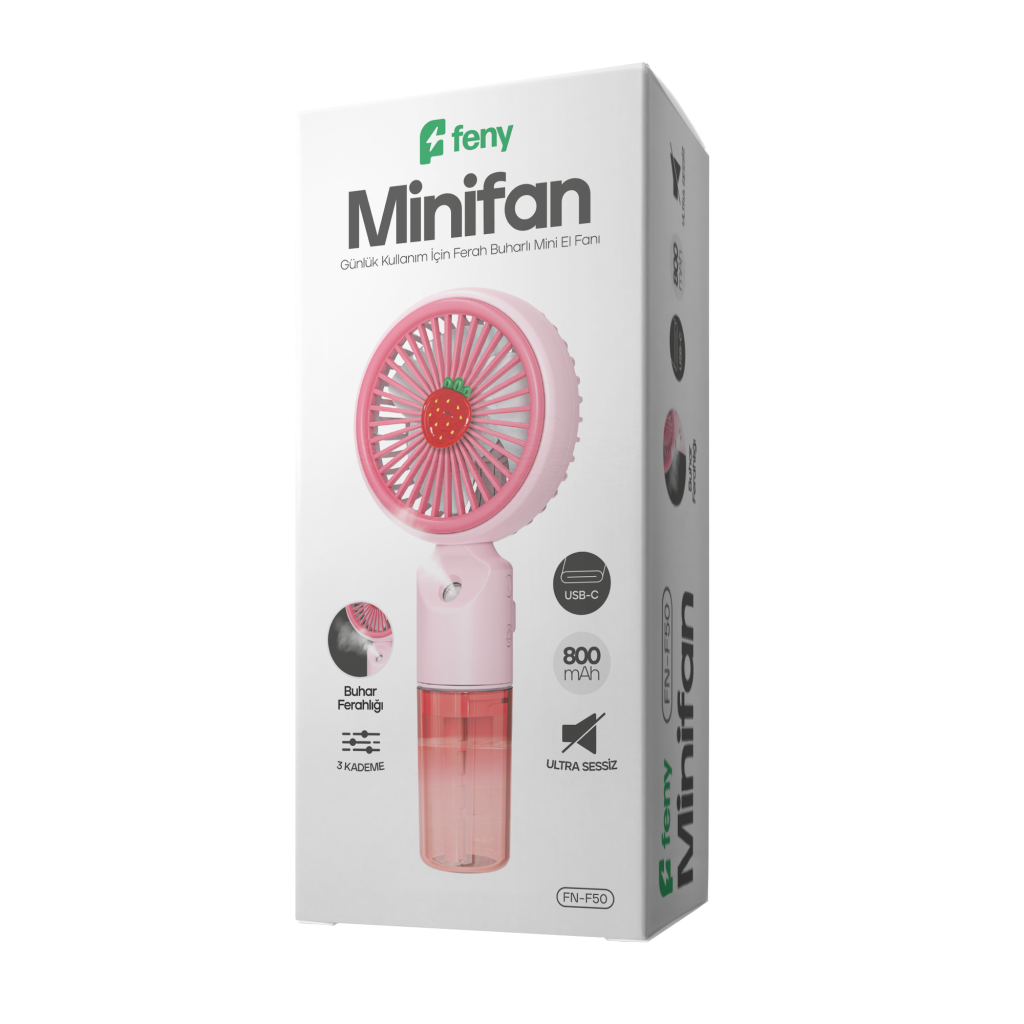 FENY FN-F50, PEMBE, 3 Kademeli Hız, Buharlı Ferahlık, Elde Kullanım, Dahili 800mAh Bataryalı, Type-C Şarj Girişli, Vantilatör - Feny - görsel 2