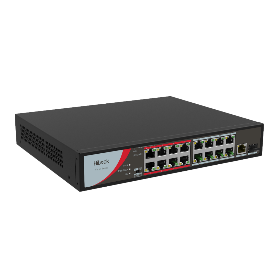 HILOOK NS-0318P-130(B), 16 Port, Megabit, PoE 130W, 1 Port GigaBit Lan, 1 Port GigaBit SFP, Long Range 250Metre, Yönetilemez, Masaüstü Switch - Hilook