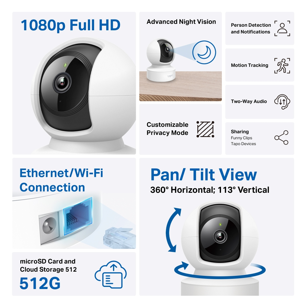 TP-LINK Tapo C202, Bebek/Ev Güvenlik Kamerası, WiFi-Ehernet, 1080P, 12Mt Gece Görüşü, PAN/TILT, iki Yönlü Ses - Tp-Link - görsel 3