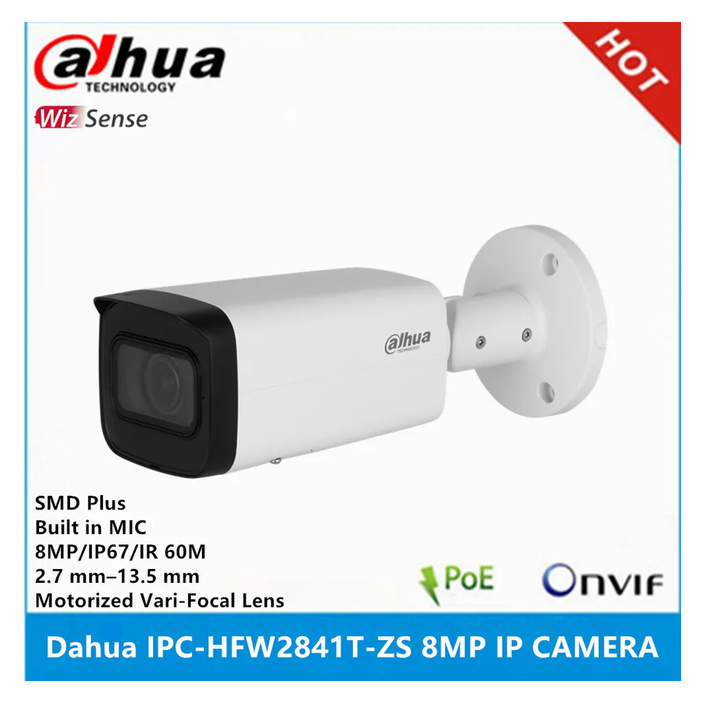 DAHUA IPC-HFW2841T-ZAS-27135, 8Mpix, 2,7-13,5mm Motorize Lens, H265+, 80Mt Gece Görüşü, Dahili Mikrofon, Starlight, IP67,  PoE Bullet IP Kamera - Dahua