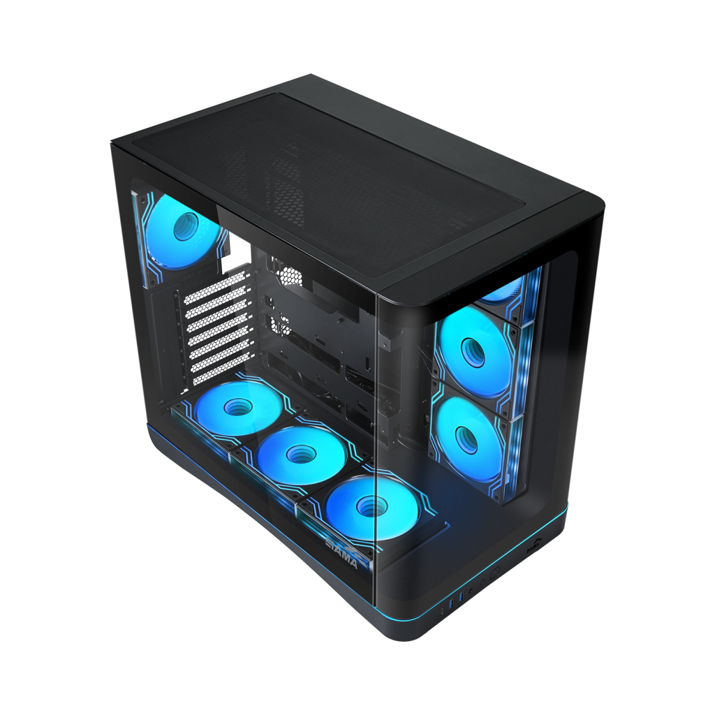 SAMA V62BK Black, B850BK 850W, 80+ Bronze, PCIE 5.1, ATX3.1, Tempered Glass Panel, Panoramic Tasarım, Type-C, 7x120mm ARGB INFINITY Fan, ATX, GAMING KASA - Sama - görsel 2