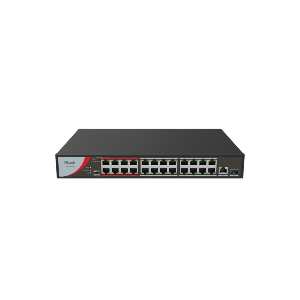 HILOOK NS-0326P-230(B), 24Port, Megabit, PoE 230W, 1 Port GigaBit Lan, 1 Port GigaBit SFP, Long Range 250Metre, Yönetilemez, Masaüstü Switch - Hilook