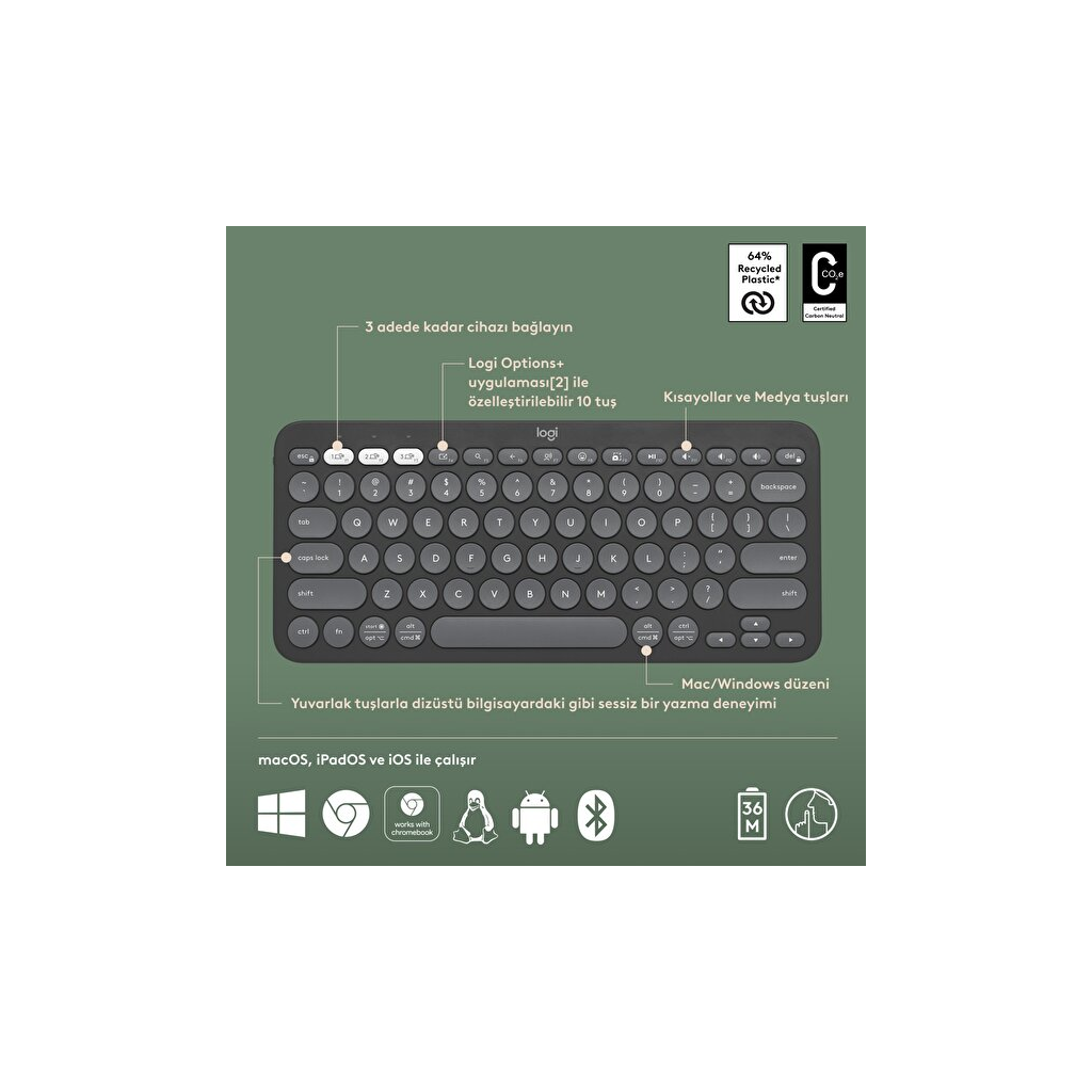 LOGITECH K380S, Pebble Keys 2,  Siyah, 920-011859, Bluetooth, Türkçe, Q, Multimedya, Mini Klavye - Logitech - görsel 2