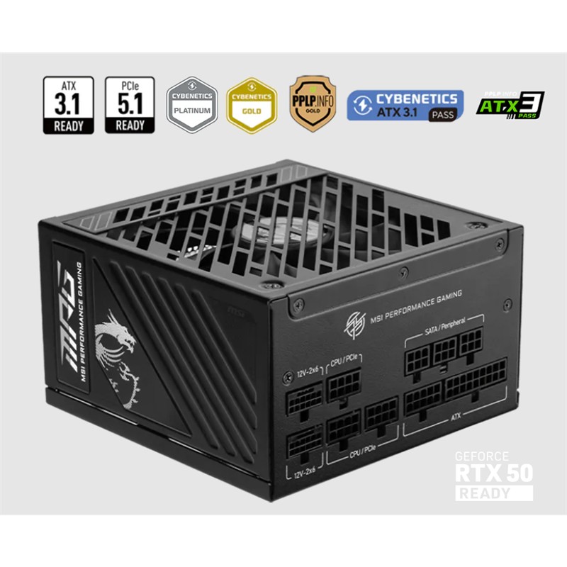 MSI PSU MPG A1250GS PCIE5 1250W 80+ GOLD ATX 3.1 PCIE 5.1 2X 12V-2X6 POWER SUPPLY - Msi