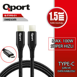 QPORT Q-TYPE-C1 1.5M TYPE-C 100W SUPER HIZLI PD SARJ VE DATA KABLOSU - QPORT