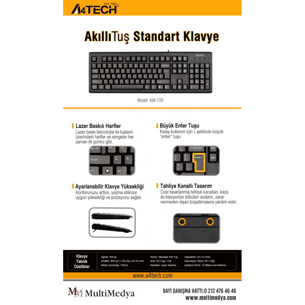 A4 TECH KM-720 Q Türkçe USB Standart Siyah Klavye - A4 TECH - görsel 3