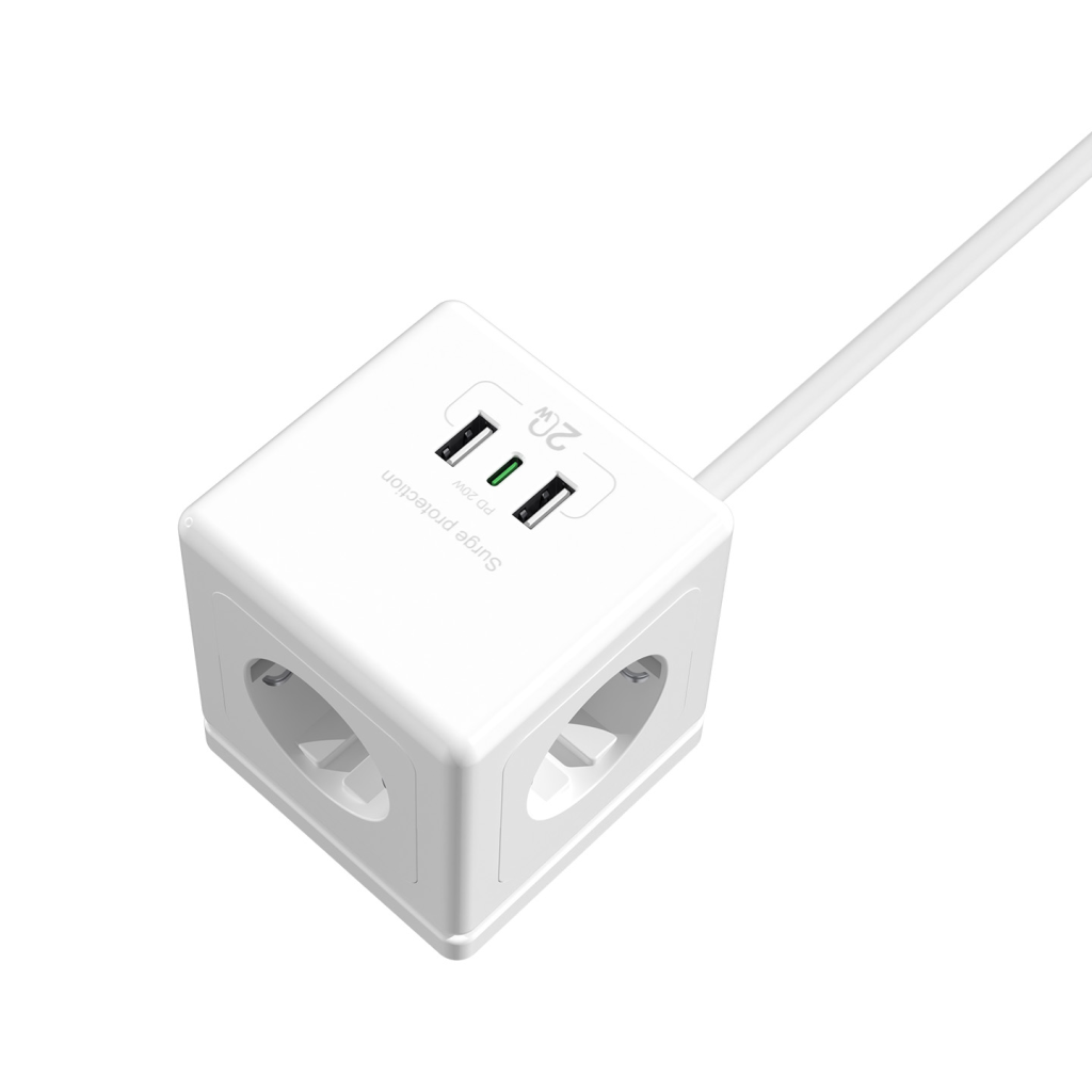 S-LINK PRZ04, 4 Soket, Akım Korumalı Priz, 1x Type-C, 2xUSB 5V, 2Mt Kablo, 306 Joule, Küp Tasarım (Beyaz) - S-Link - görsel 3