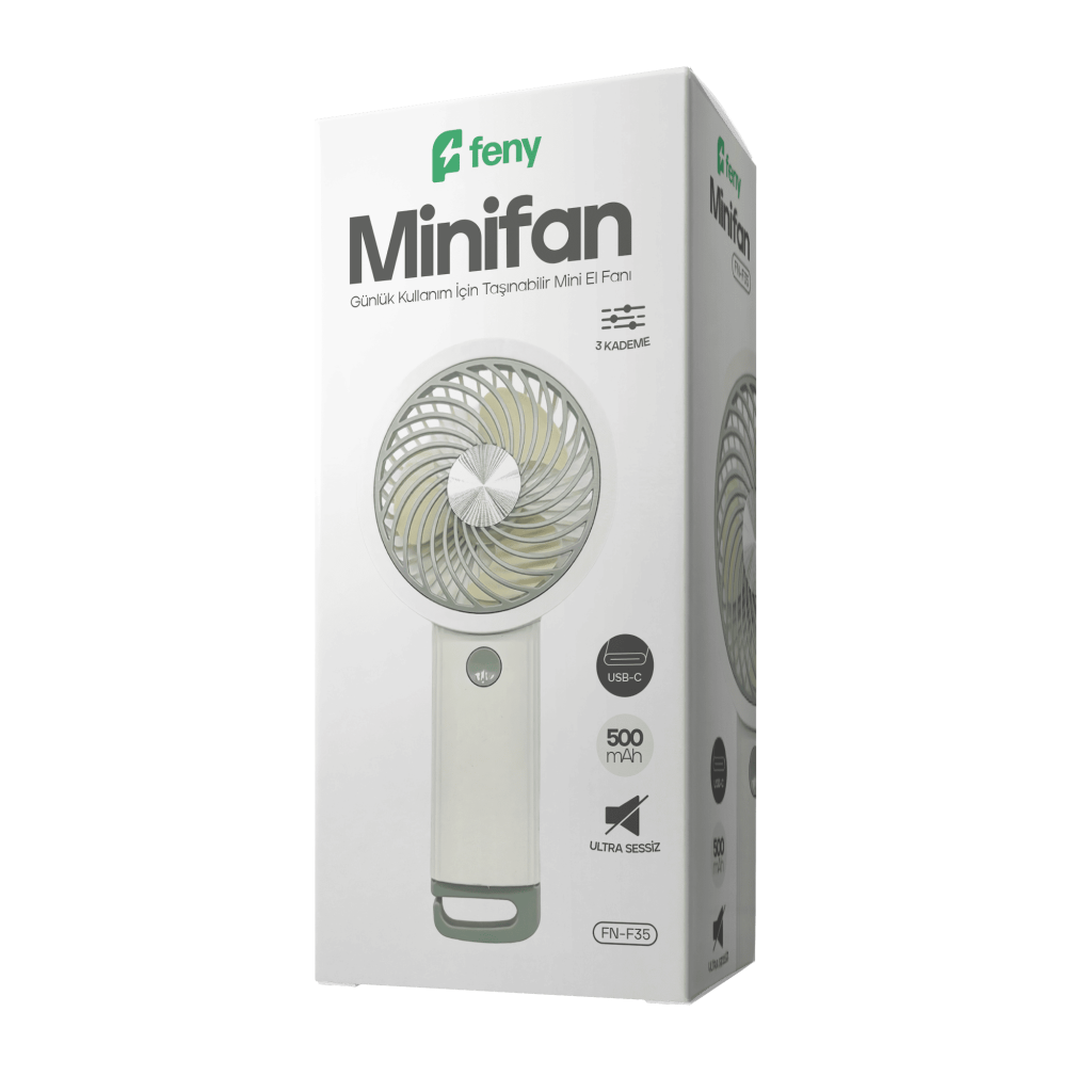 FENY FN-F35, BEYAZ-GRİ, 3 Kademeli Hız, Kancalı, Elde Kullanım, Dahili 500mAh Bataryalı, Type-C Şarj Girişli, Vantilatör - Feny - görsel 2