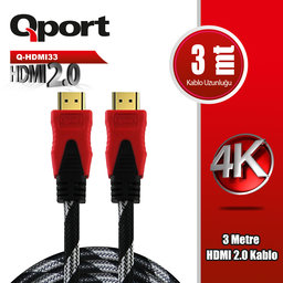QPORT (Q-HDMI33) ALTIN UCLU 3M 4K HDMI2.0 KABLO - QPORT