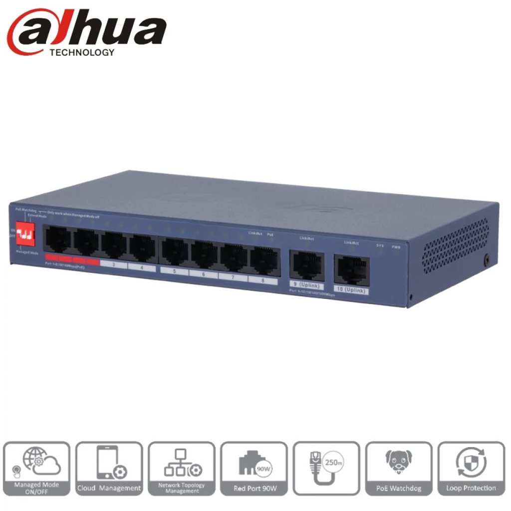 DAHUA CS4010-8ET2GT-110 8 Port, Megabit, PoE 110W, 2 Port Uplink, Cloud Yönetilebilir, Switch - Dahua
