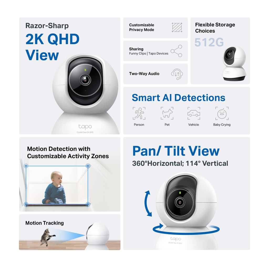 TP-LINK Tapo TC72 (C220), 2K QHD 4,0Mpix, İç Mekan WiFi, 9Mt. Gece Görüşü, 360 Dönüş, İki Yönlü Ses Güvenlik Yapay Zeka Destekli Kamera - Tp-Link - görsel 2