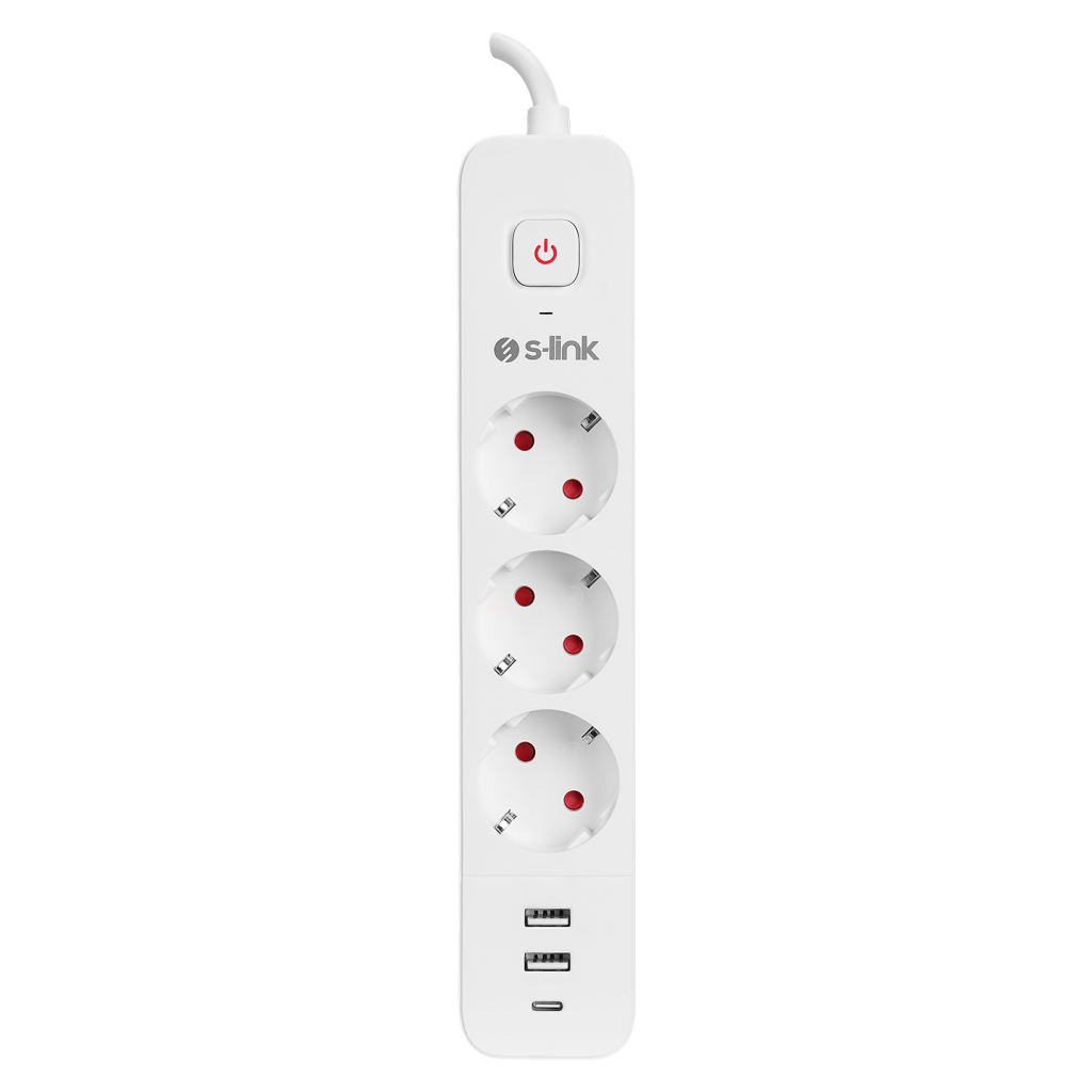 S-LINK SPG03TC, 3 Soket, Akım Korumalı Priz, 1x Type-C, 2xUSB 5V 4A, 1.5Mt %100 Bakır 1mm Kablo, 750 Joule (Beyaz) - S-Link
