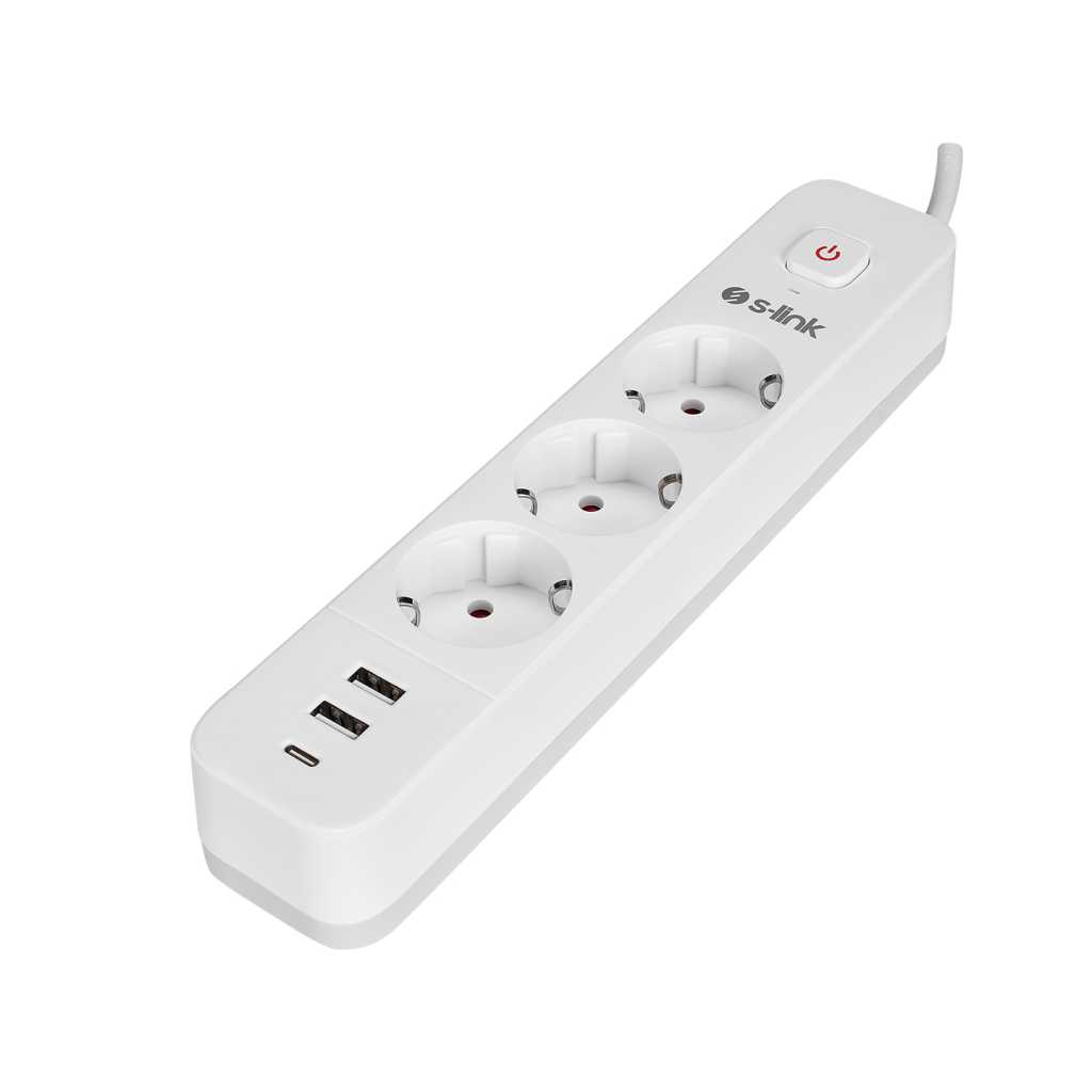 S-LINK SPG03TC, 3 Soket, Akım Korumalı Priz, 1x Type-C, 2xUSB 5V 4A, 1.5Mt %100 Bakır 1mm Kablo, 750 Joule (Beyaz) - S-Link - görsel 2