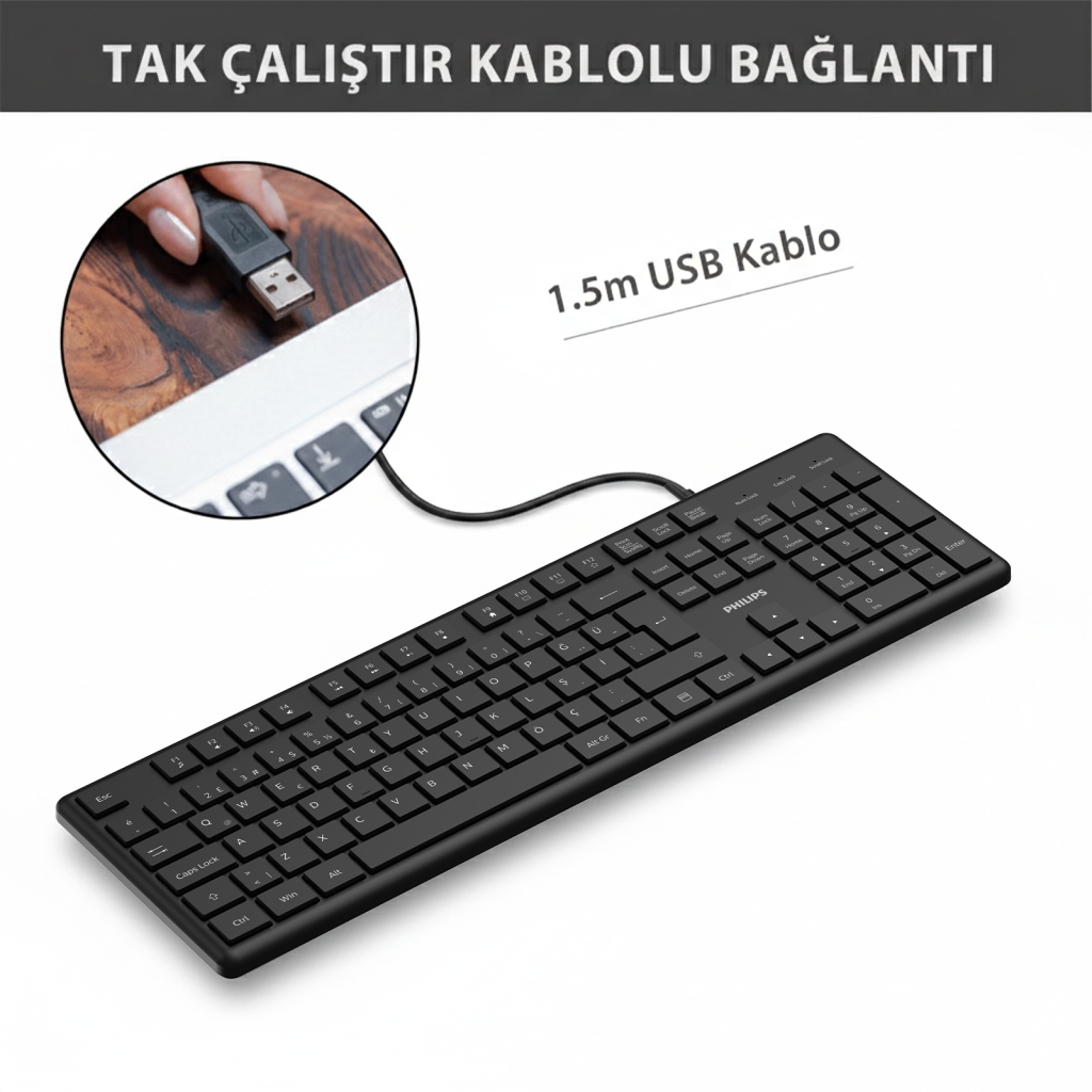 PHILIPS SPK6248B, USB Kablolu, Türkçe Q, Multimedya Klavye (Siyah) - Philips - görsel 3
