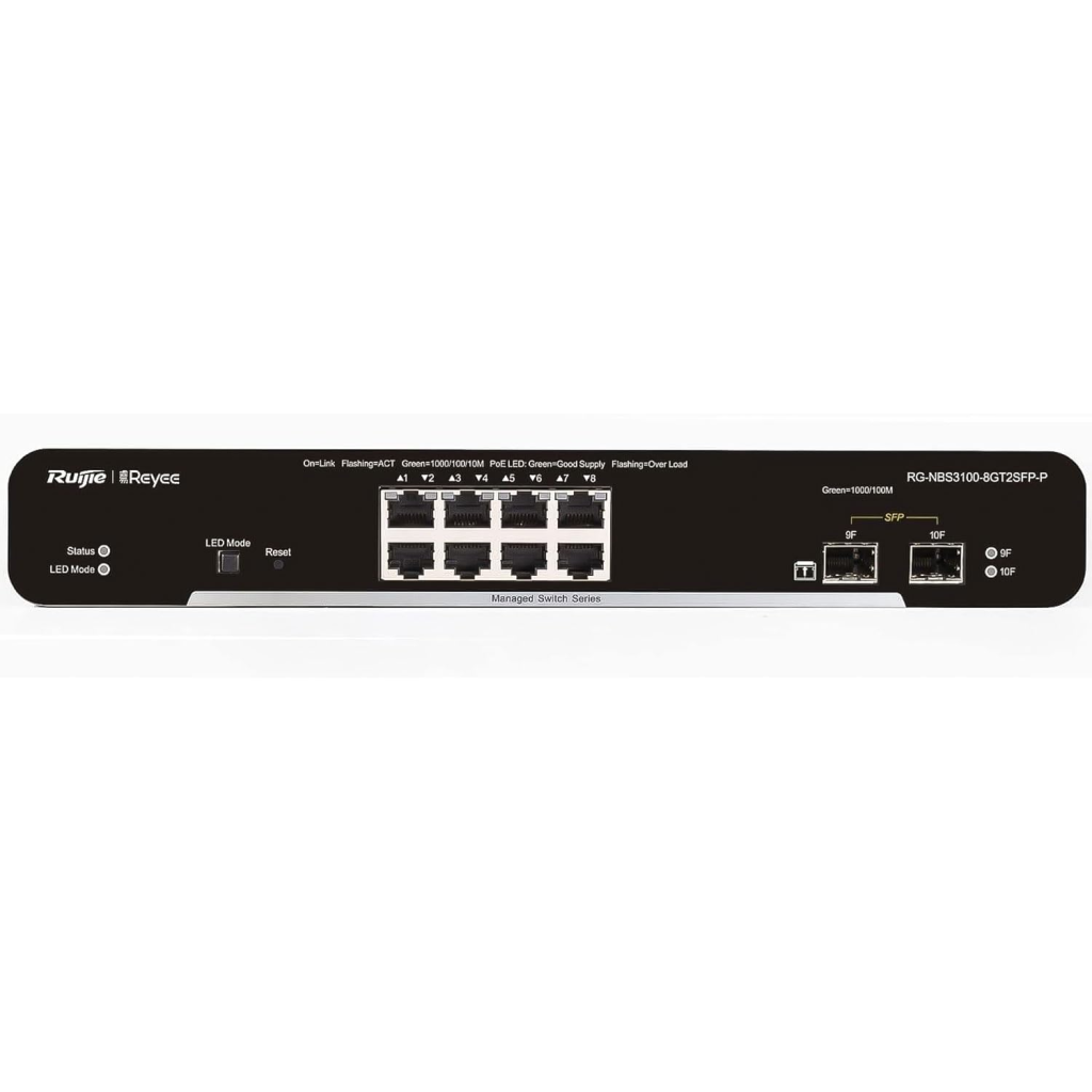 RUIJIE REYEE RG-NBS3100-8GT2SFP-P-V2, 8 Port, GigaBit, 8Port PoE, 125W,  2Port SFP, L2 Yönetilebilir, Metal Kasa, Masaüstü, Switch - RUIJIE