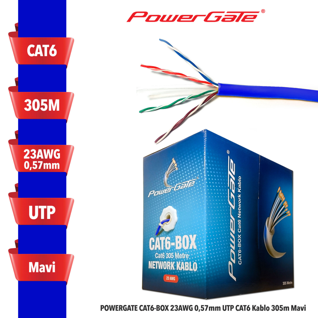 POWERGATE CAT6-BOX-BL, 23AWG 0,57mm, UTP, CAT6 Kablo, 305m, Mavi - PowerGate