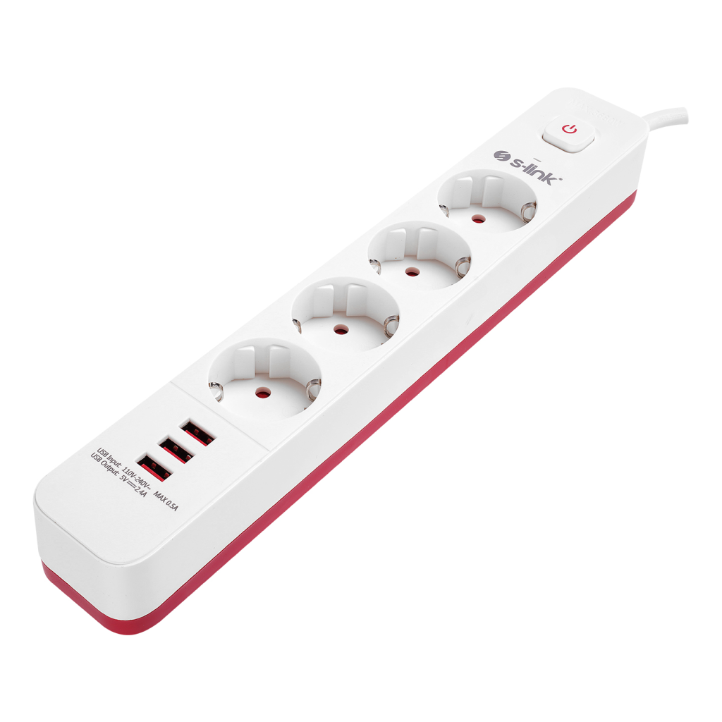 S-LINK SPG403U, 4 Soket, Akım Korumalı Priz, 3xUSB 5V 2.4A, 1.5Mt %100 Bakır 1.5mm Kablo, 750 Joule (Beyaz) - S-Link - görsel 2