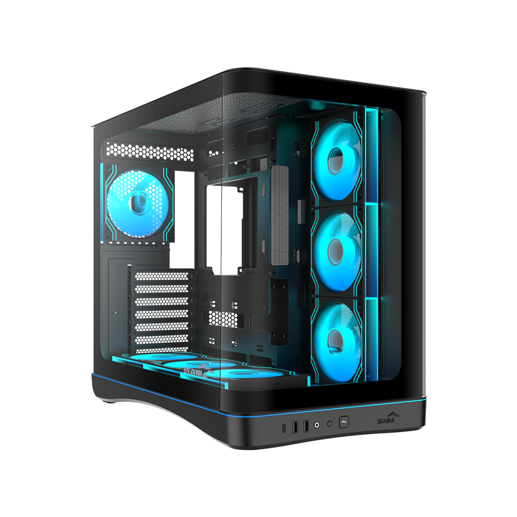SAMA V62BK Black, B850BK 850W, 80+ Bronze, PCIE 5.1, ATX3.1, Tempered Glass Panel, Panoramic Tasarım, Type-C, 7x120mm ARGB INFINITY Fan, ATX, GAMING KASA - Sama